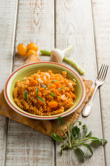 lentils pasta with yellow tomatoes and sage