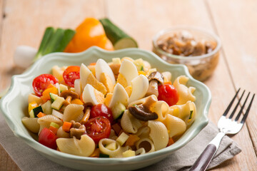 cold salad pasta with eggs capsicum mushroom and courgette