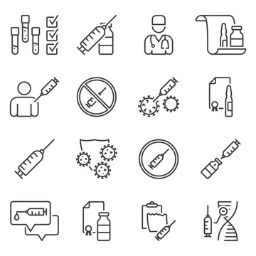 Coronavirus vaccination simple icons set. Linear images of 16 icons including drug development, infection protection, certification. Isolated vector on a pure white background.