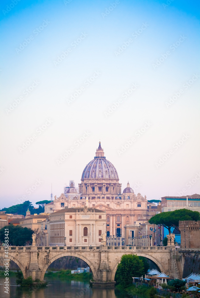 Wall mural sunset on tiber river bridge with vatican city - rome, italy