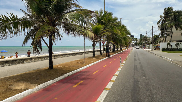 main street with bike path in front of the beach in Joao Pessoa, Paraiba, Brazil