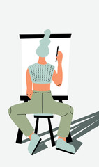 Vector illustration with an artist drawing picture. Person doing his hobby. Flat design.