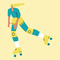 Vector illustration with roller skating woman. Cartoon character doing sport.