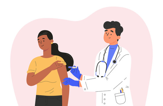 Male doctor makes a vaccine to female patient. Concept illustration for immunity health. Covid vaccine. Doctor in a medical gown and gloves. Flat illustration isolated on white background. 