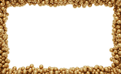 Many gold balloons along the frame line, isolated on white. Copy space at the center frame. 3D render