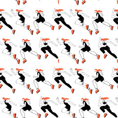 Seamless pattern with running women. Print with cartoon character.