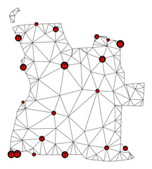 Polygonal mesh lockdown map of Angola. Abstract mesh lines and locks form map of Angola. Vector wire frame 2D polygonal line network in black color with red locks. Frame model for political purposes.