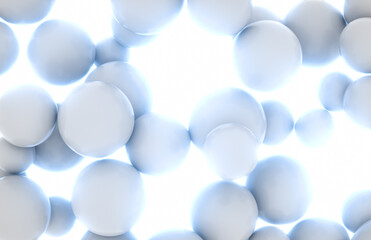 Abstract background of white balls floating in air, opposite to a bright surface. 3D render