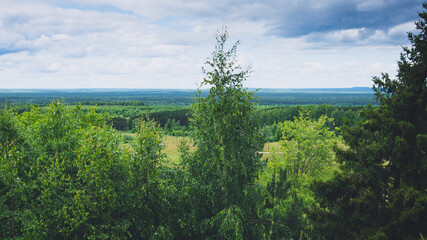 view from a high hill to the valley with trees and the horizon in the distance