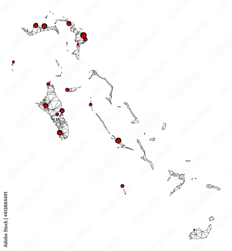 Poster polygonal mesh lockdown map of bahamas islands. abstract mesh lines and locks form map of bahamas is