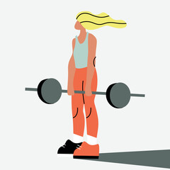 Vector illustration with woman lifting a barbell. Flat cartoon character.