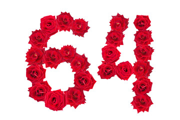 Numeral 64 made of red roses on a white isolated background. Element for decoration. sixty four. Red roses.