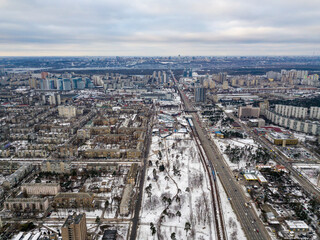 Snowy residential area of Kiev. Aerial drone view. Winter snowy morning.
