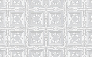 Ethnic white geometric convex volumetric wallpaper from a 3D pattern. Embossed background in African style. Texture for presentations, websites.