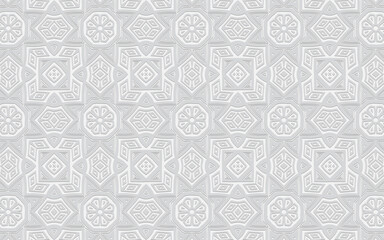 Ethnic white geometric convex volumetric wallpaper from an abstract 3D pattern. Embossed background peoples of Africa, Mexico, India.Texture for presentations.