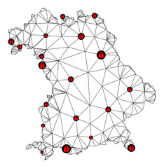 Polygonal mesh lockdown map of Bavaria State. Abstract mesh lines and locks form map of Bavaria State. Vector wire frame 2D polygonal line network in black color with red locks.