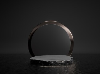 Round rough stone pedestal, black cylinder in dark water. 3d render illustration. Gold glitter decor design. Empty base for product promotion. Luxury golden mockup with rock shape podium