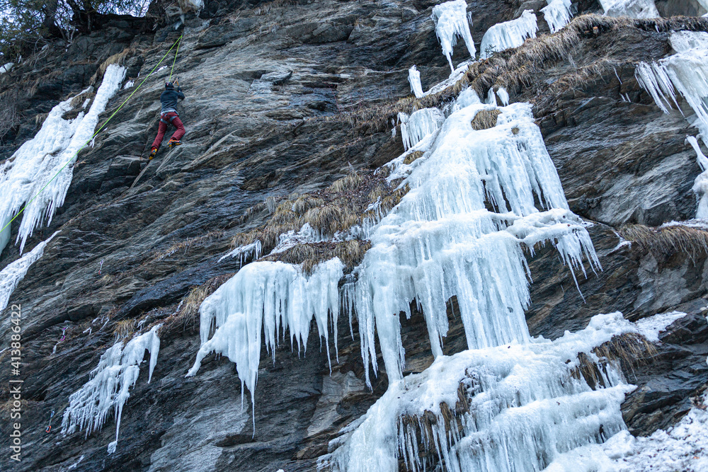 Poster Dry tooling single pitch near frozen waterfall, Cogne, Aosta Valley, Italy