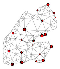 Polygonal mesh lockdown map of Djibouti. Abstract mesh lines and locks form map of Djibouti. Vector wire frame 2D polygonal line network in black color with red locks.
