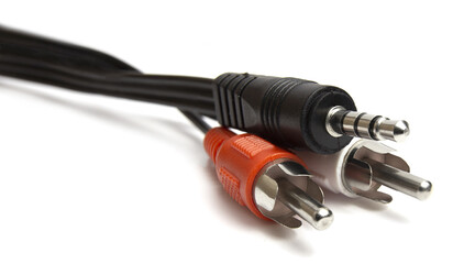 Isolated wire ends on a clear background.audio video cables RCA Connectors on a white background for excellent sound or sound transmission, audio cable for excellent sound quality .white-red bell