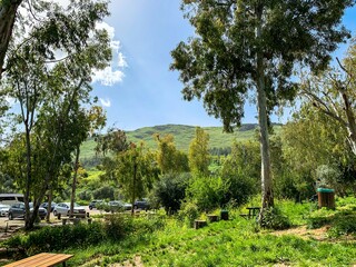 Lower Galilee panorama at spring time with tourist car parking