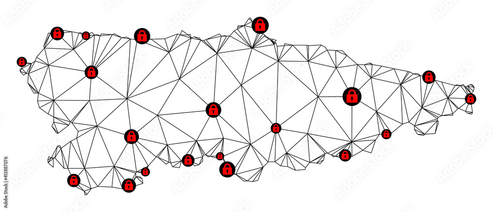 Poster polygonal mesh lockdown map of asturias province. abstract mesh lines and locks form map of asturias
