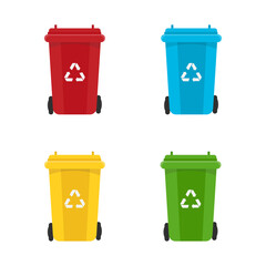 Different colored recycle bins, waste management concept isolated on white background.