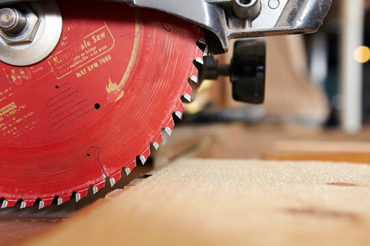 Circular saw on table in workshop