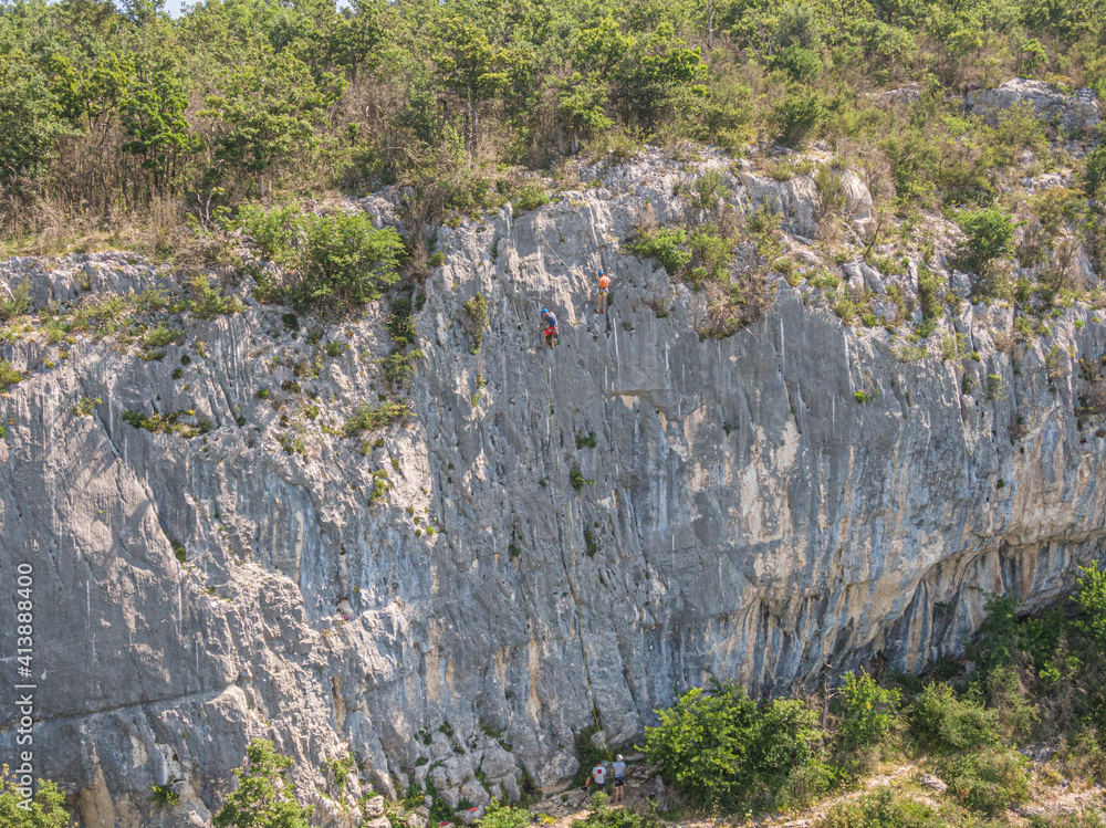 Poster Aerial view of people rock climbing in Presles, Vercors, France