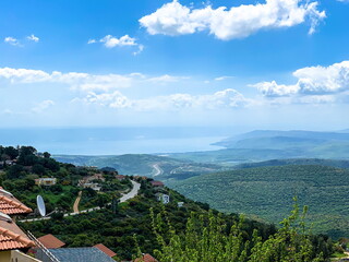 Panorama of the Upper Galilee from guesthouse(boarding house or zimmer) at the tops of the hills surrounding Lake Kinneret or the Tiberias Sea or Sea of Galilee