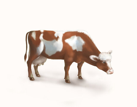Red spotted cow isolated on white. Digital illustration.