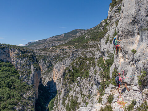Starting a multi pitch route in canyon, Gorges du Verdon, France