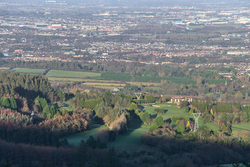 Beautiful aerial view of Southwestern Dublin suburbs taken form Ticknock Forest National Park during the COVID-19 lockdown level 5 in Dublin, Ireland