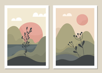 Art landscape wall set. Botanical. Abstract landscape design for covers, posters, prints, wall art in a minimalist style. Vector.