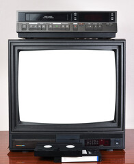 Old vintage TV with white screen to add new images to the screen, VCR on the background of...