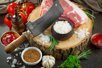 Raw meat with spices in a composition with kitchen accessories.