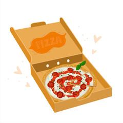 Pizza margherita in open cardboard delivery box. Classic Italian tomatoes pizza with cutted slice. Vegetarian margarita, good for promo food delivery service. Vector illustration isolated on white