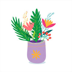 Bouquet of wild flowers in a vase. Cute and cozy cartoon hand drawn vector illustration on isolated white background.