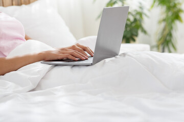 Naklejka premium Work, blog, social networks, searching and online chatting at home on weekends