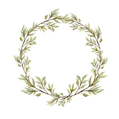 Watercolor eucalyptus wreath, garland. Wedding eucalyptus design frame, circle logo. Rustic greenery. Mint, blue tones. Hand painted branch,  leaves isolated on white background, trendy branding