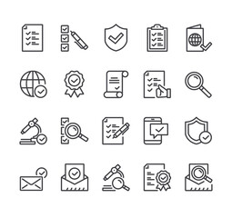 Check testing examination tick approve checkmark. Flat lined thin isolated icon set