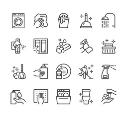 Cleaning housekeeping washing line icon isolated set. Vector flat graphic design illustration