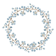 Watercolor eucalyptus border, wreath. Wedding eucalyptus design frame, circle logo. Rustic greenery. Mint, blue tones. Hand painted branch,  leaves isolated on white background, trendy branding