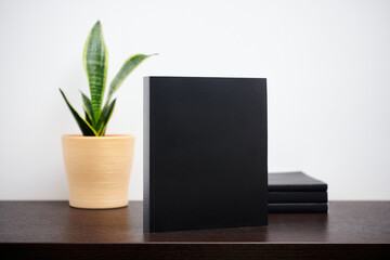 Black book mockup wtih cactus in a pot on dark workspace table and white wall background