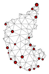 Polygonal mesh lockdown map of Karnataka State. Abstract mesh lines and locks form map of Karnataka State. Vector wire frame 2D polygonal line network in black color with red locks.