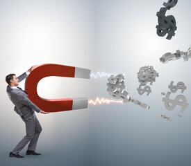 Businessman catching dollars on horseshoe magnet