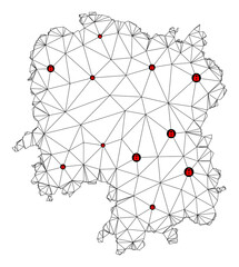 Polygonal mesh lockdown map of Hunan Province. Abstract mesh lines and locks form map of Hunan Province. Vector wire frame 2D polygonal line network in black color with red locks.