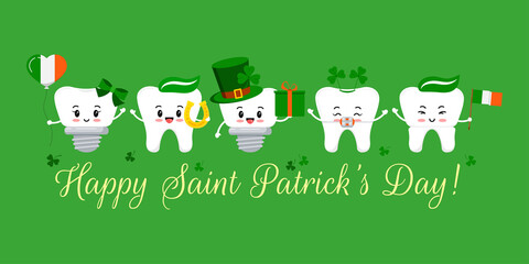 St Patrick day tooth with braces, implant and crown. Dental teeth irish character leprechaun hat with clover, glasses. horseshoe, gift, flag on dentist greeting card. Flat cartoon vector illustration.