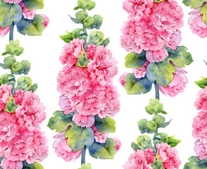 Watercolor seamless pattern with lush pink mallow flowers - 413895283