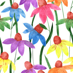 Watercolor field seamless pattern on a white background. Cute hand-drawn floral endless backdrop for your design. Colorful botanical wallpaper.